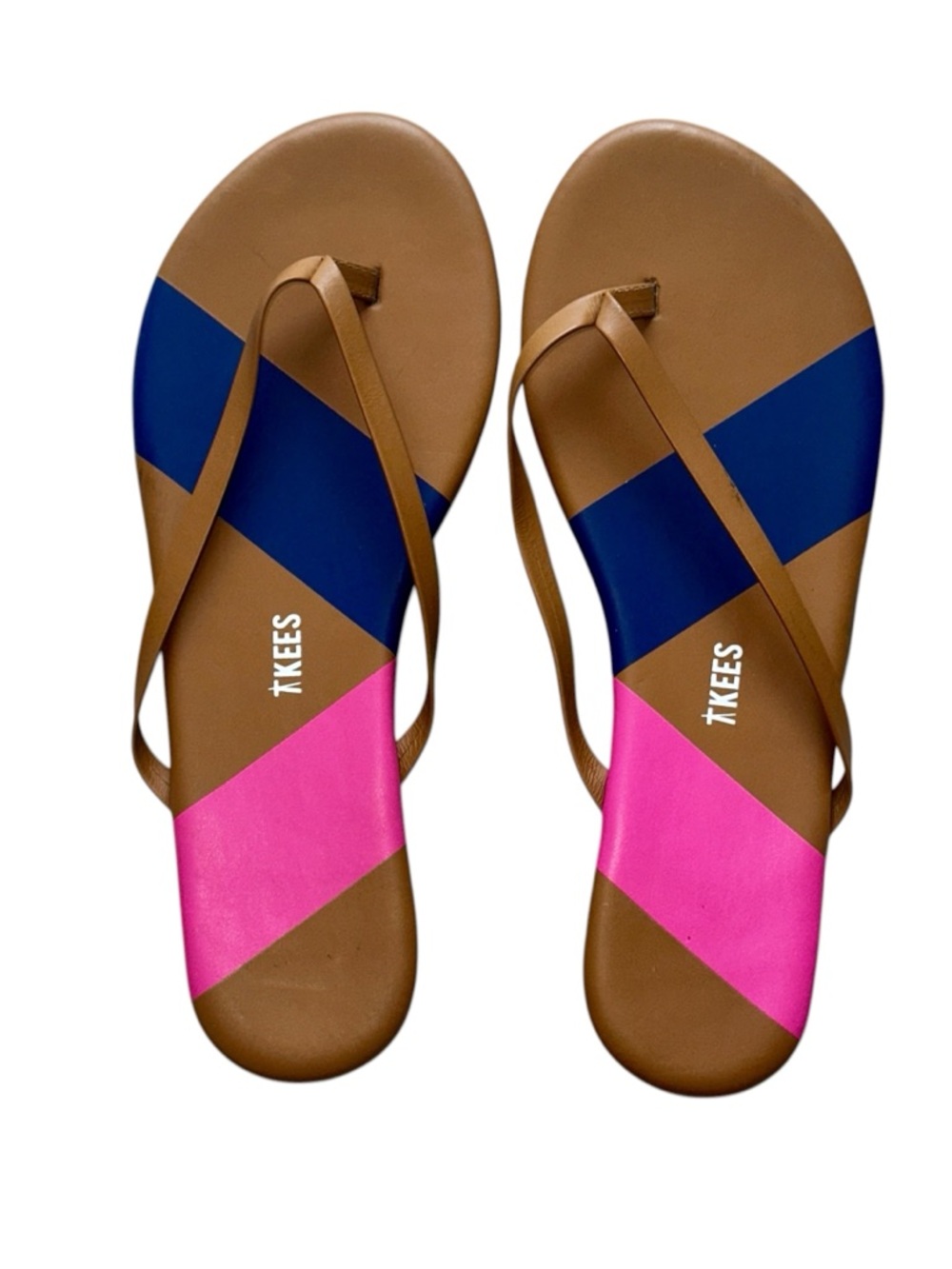 TKEES Brown Liners Sandals Flip Flops with Blue and Pink Detail size 7
NWOT!
